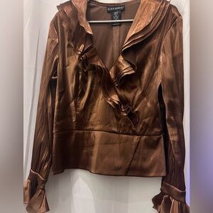 VTG CACHET Brown ORGANZA Pleated CUFF SLEEVES Zip Back COCKTAIL BLOUSE Sz 16